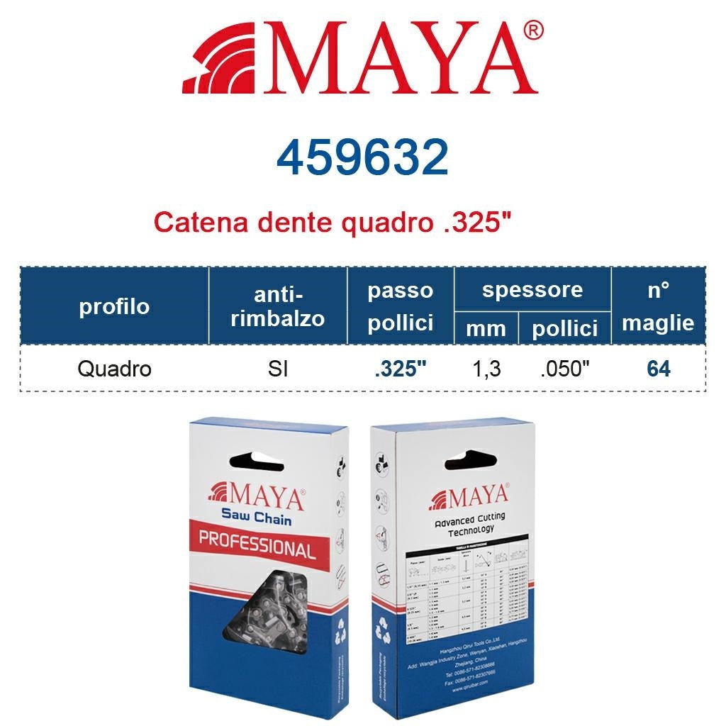 Catena Maya Confezionata .325" - 1,3 mm .050" - 64 Maglie Professionale Dente Quadro Con Antirimbalzo
